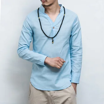

Men's T-shirt Cotton Linen 7-color V-neck Casual Loose Multi-color Linen Stand Collar M-5XL Male Long-sleeved T-shirt