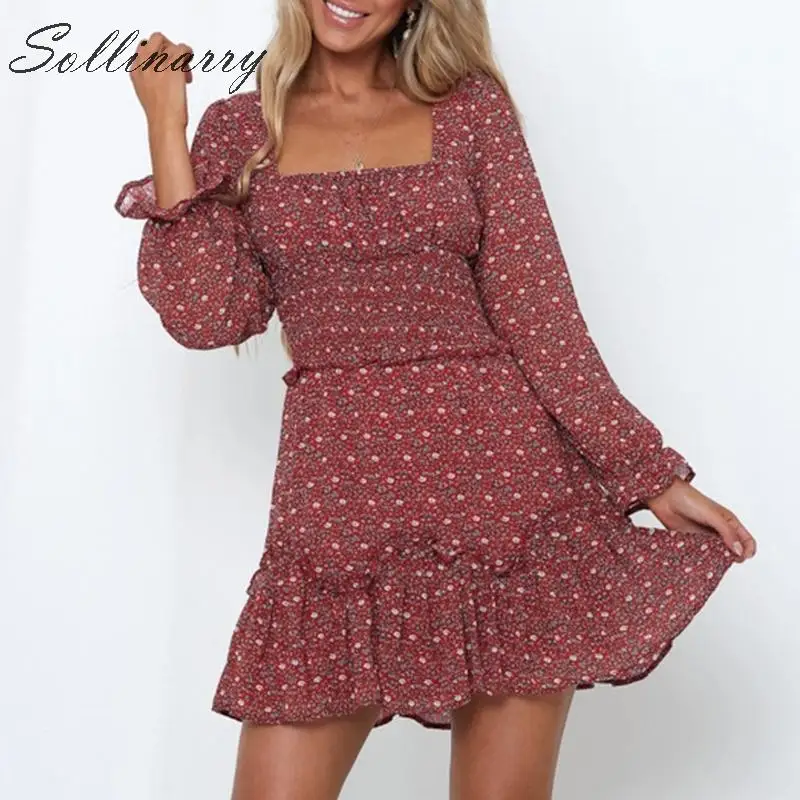Sollinarry винтажные цветочные короткие платья с длинным рукавом Женские 2019