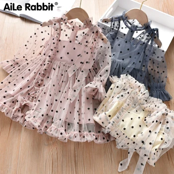 

Fashion Girl Party Dresses Mesh Dots Long Sleeve Children Princess Dress Casual Elegant Kids Dress Baby Clothes