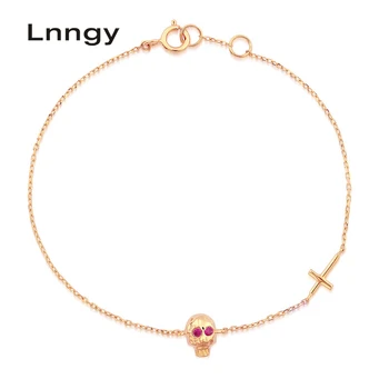 

Lnngy 18K Real Pure Gold Skull Skeleton Bracelet Natural Ruby Eyes Jesus Christian Cross Rock Bracelet Link Chain Bracelet