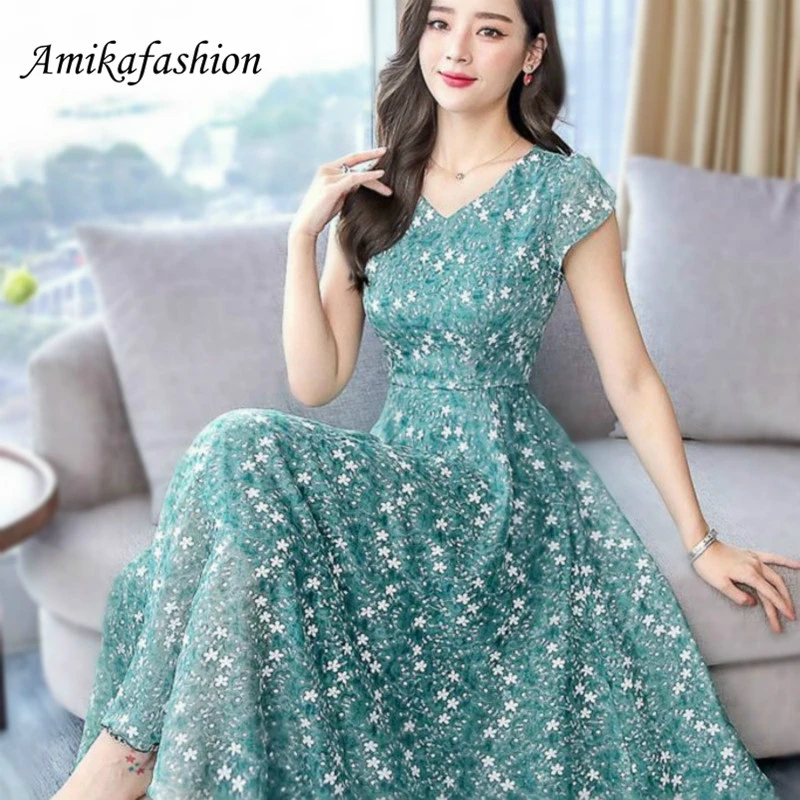 

High Quality Plus Size M-3XL 2019 Summer New Arrival Hot Sale Stars Printed V Collar Short Sleeve Woman Chiffon Long Sexy Dress