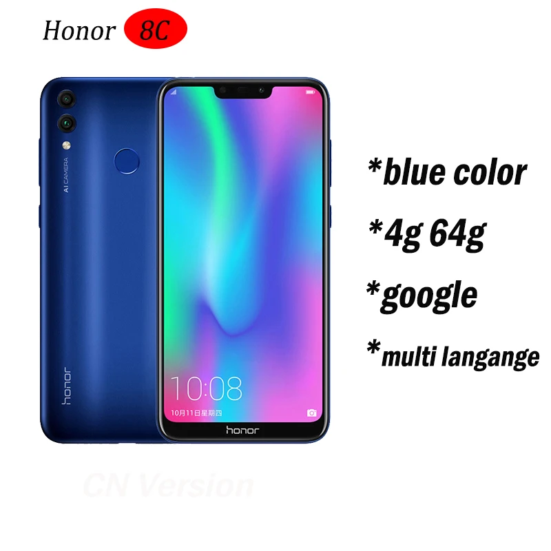 8c Honor 8c 3 слота Face ID 6,26 дюймов Восьмиядерный процессор Snapdragon 632, фронтальная камера 4000 МП, двойная камера заднего вида мАч - Цвет: 4g 64g blue