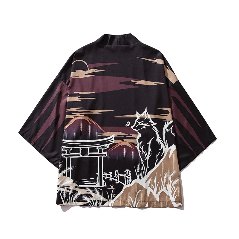 

Japanese-style Kinomo Style Night Wolf Digital Printing Robes Men's Trend Couples Half-sleeve Shirt Shirt