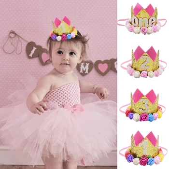 

1/2/3Years Old Number First Birthday Party Hats Flower Crown Caps 1st Princess Crown Baby Shower Kids Birthday Party Decoration