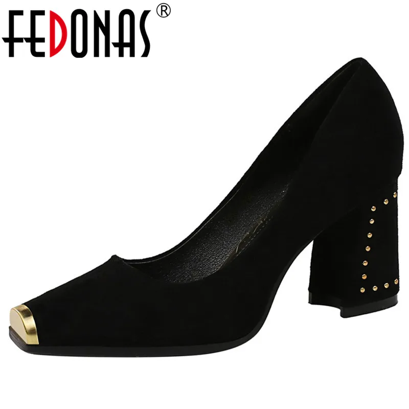 

FEDONAS Metal Square Toe Women Flock Pumps Spring Summer Newest Brand High Heels Basic Prom Party Shoes Woman Rivets Rome Shoes
