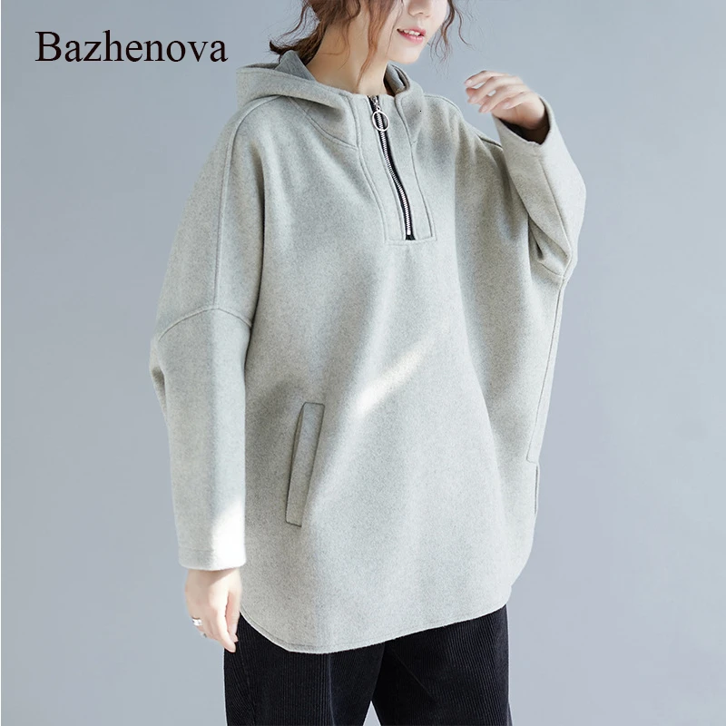 Bazhenova, Женская толстовка с капюшоном, для девочек, одноцветная, на молнии, свободные, Теплые Топы, для женщин, простые, милые, большие размеры, зимние толстовки R211