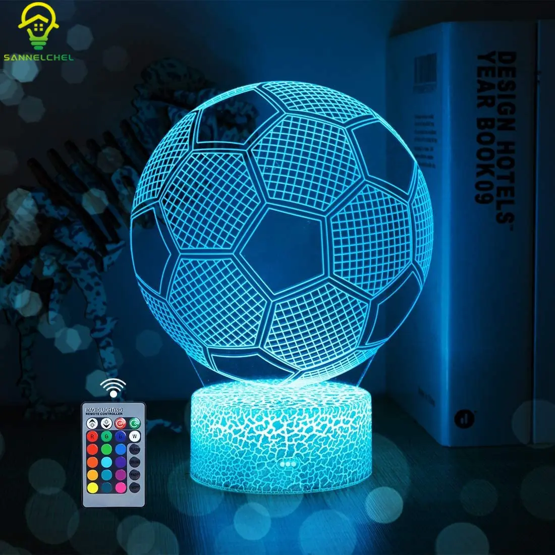 3D Illusion Lamp for Boys 16 Changing Color Remote Football 3D Night Light 