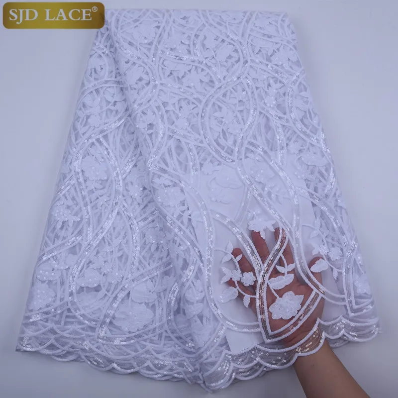 SJD LACE Fashion Pure White French Tulle Lace Fabric With Sequins Lace Soft Milk Silk Nigerian Mesh Lace Fabric For WeddingA1777 - Цвет: white