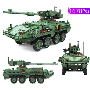

10001 trek MGS - M1128 Wheeled mobile artillery tanks Armored vehicles military assemble Building blocks children Lepining toy