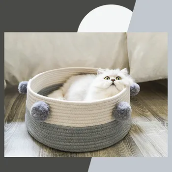 

New Cotton with velvet Universal Round Cat Bed Basket Nest Cotton Rope Woven Warm Pet Sleeping Bed House ScratchingMat Pad