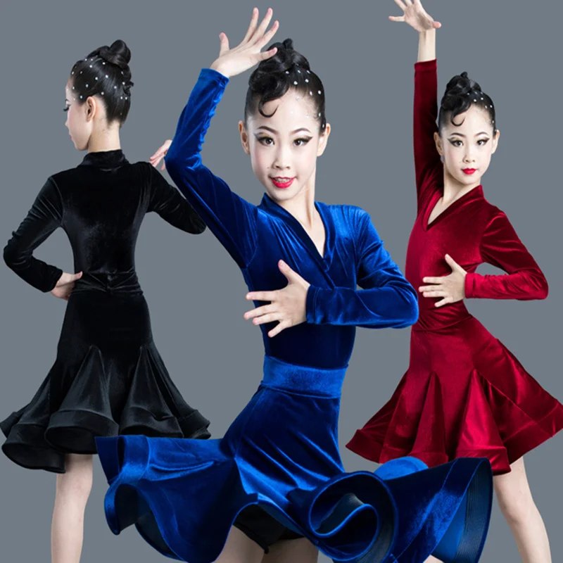 New Girls Latin Dresses for Dancing Ballroom Dance Dress Rumba Samba Velvet Children Samba Cha Cha Tango dress Standard Salsa