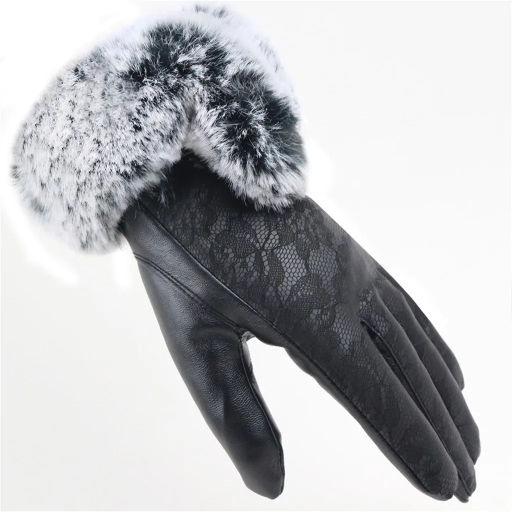 Женские черные кожаные перчатки, зимние Бархатные кружевные перчатки для езды на велосипеде, перчатки для бега, уличные спортивные утолщенные теплые перчатки# BL5