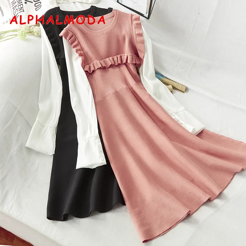 ALPHALMODA/осень 2019 новые платья с длинными рукавами из искусственного материала два