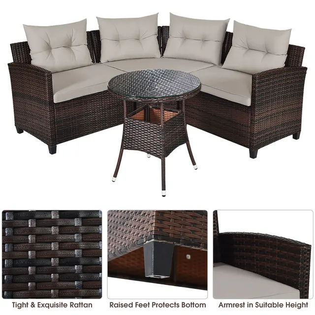 4PCS Furniture Set Outdoor Patio Rattan Cushioned Sofa  w/ Table  6