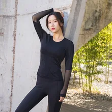 Новые черные спортивные топы для спортзала, женская футболка для фитнеса, длинный рукав, для йоги, топ из сетки, Женский тренажерный зал, топы, спортивная одежда для женщин