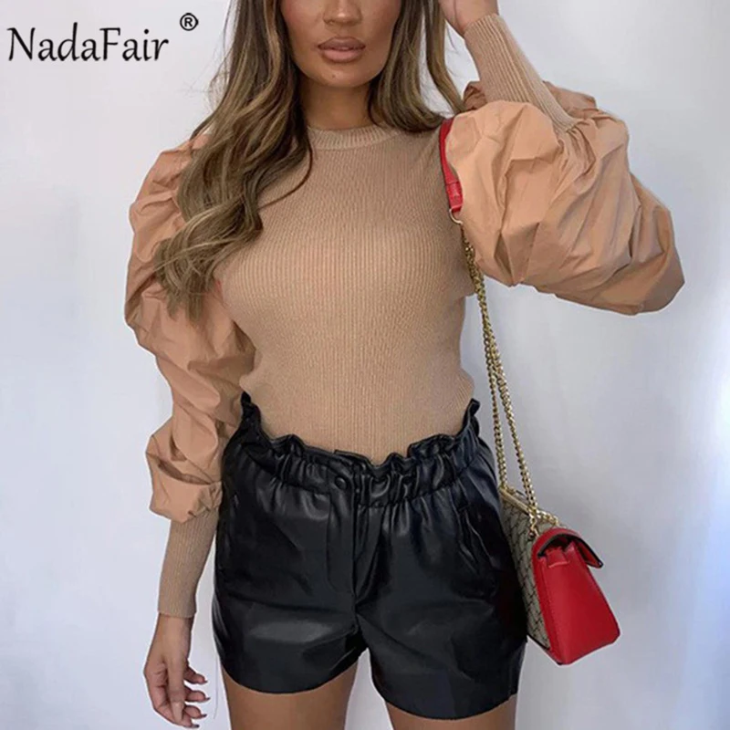 Nadafair Осень Зима футболка с длинным рукавом для женщин клуб с пышными рукавами О образным вырезом Белый Черный Ребра Трикотажные топы