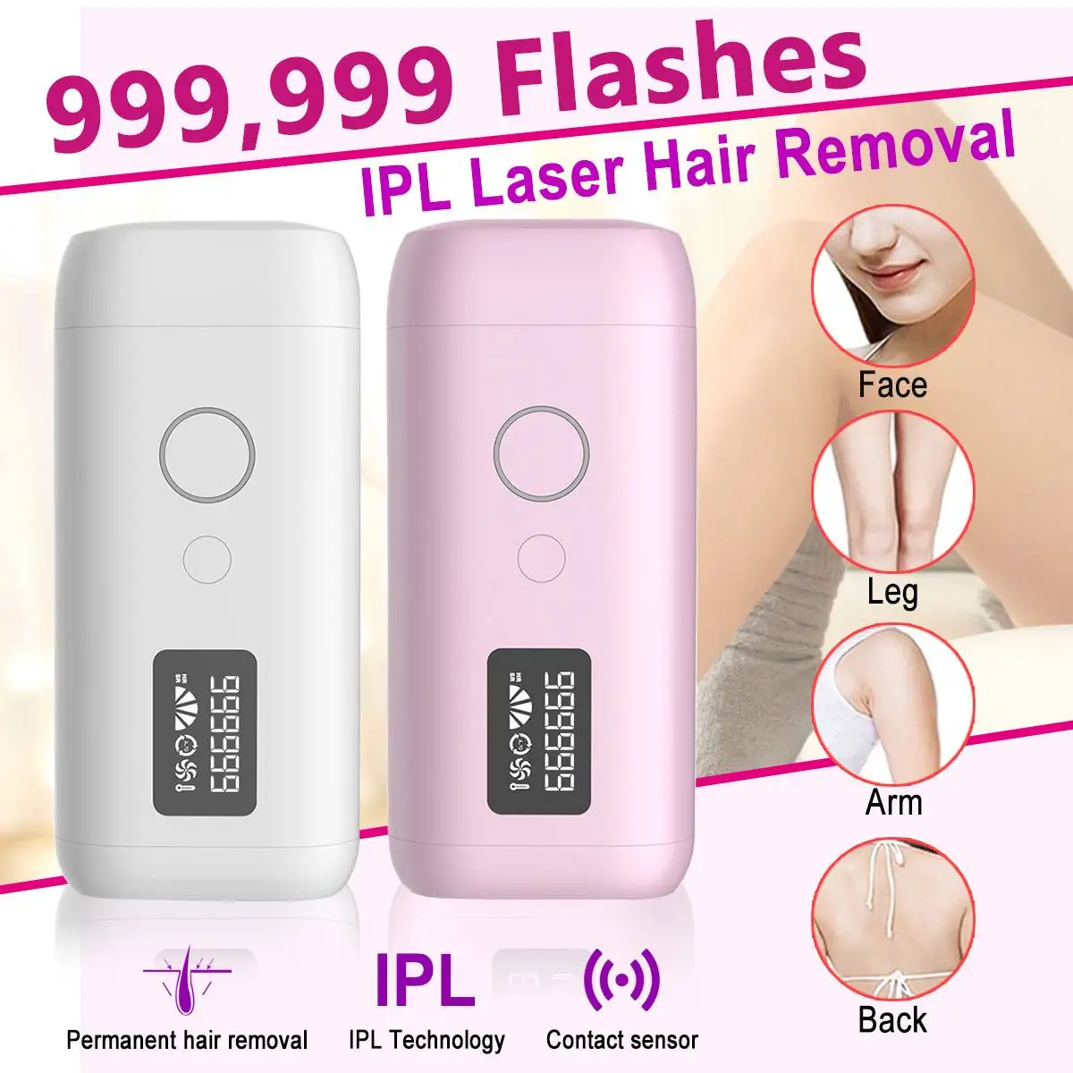 

White/Pink 36W LCD Display IPL Epilator Permanent Laser Hair Removal 999999 Pulses Flash Depilador Laser Bikini Photo Epilator