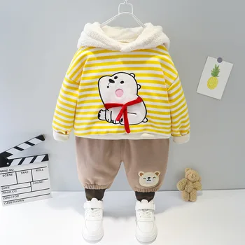 

Winter Baby Girls Long Sleeve Hooded Striped Hoodies + Casual Pants Bear Thick Fleece Boys Clothing Sets Children Kids 2Pcs Suit