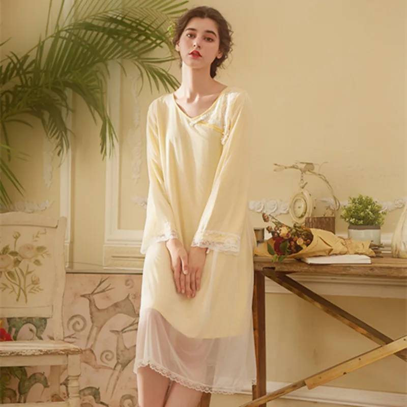 

Wasteheart Women Fashion White Blue Sexy Sleepwear Nightdress Cotton Lace Nightwear Sleepshirts Long Luxury Nightgown Court Gown