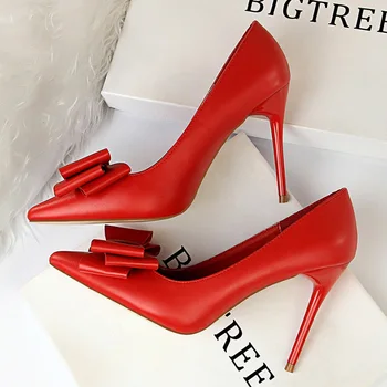 

BIGTREE Shoes Women Pumps High Heels PU Leather Shoes Women Heels Red Wedding Shoes Sexy Party Shoes Bow Female Stiletto 35- 43