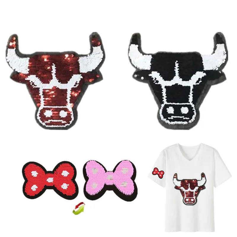 

Patch Reversible change color sequins Applique for clothing Accessories Biker patches Sequin Cow head Bow Diy Clothes Stickers