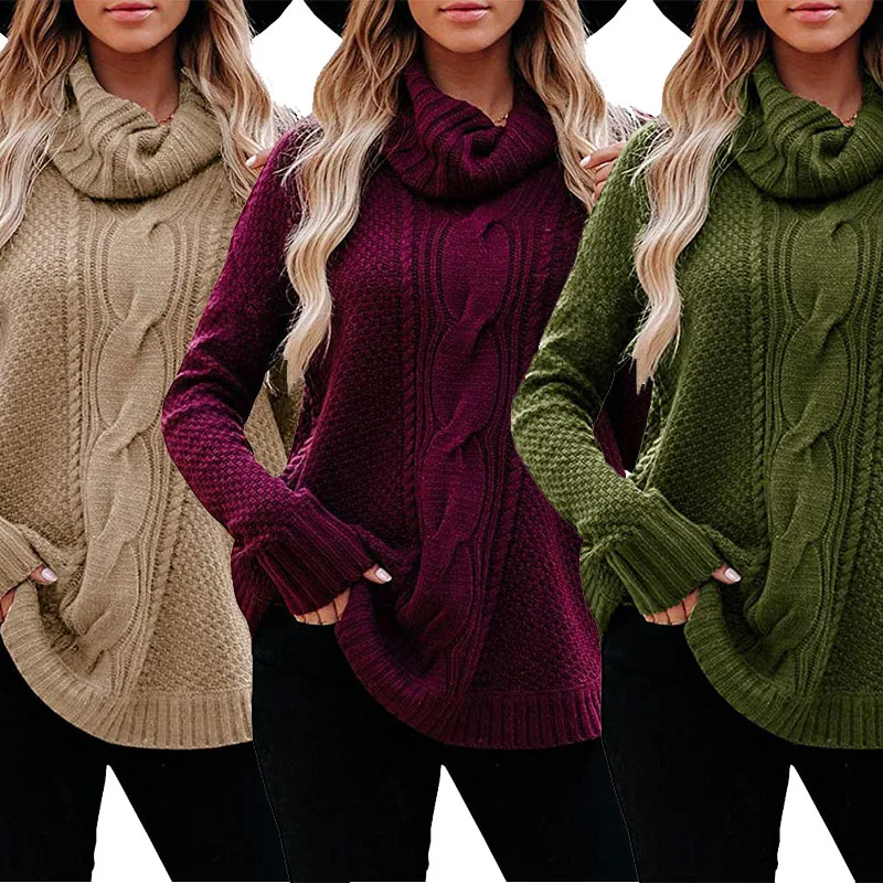 

Turtleneck Solid Color Patchwork Long Sleeve Knitting Warm Women Sweater 2020 Autumn Office Lady Fashion Casual Tops