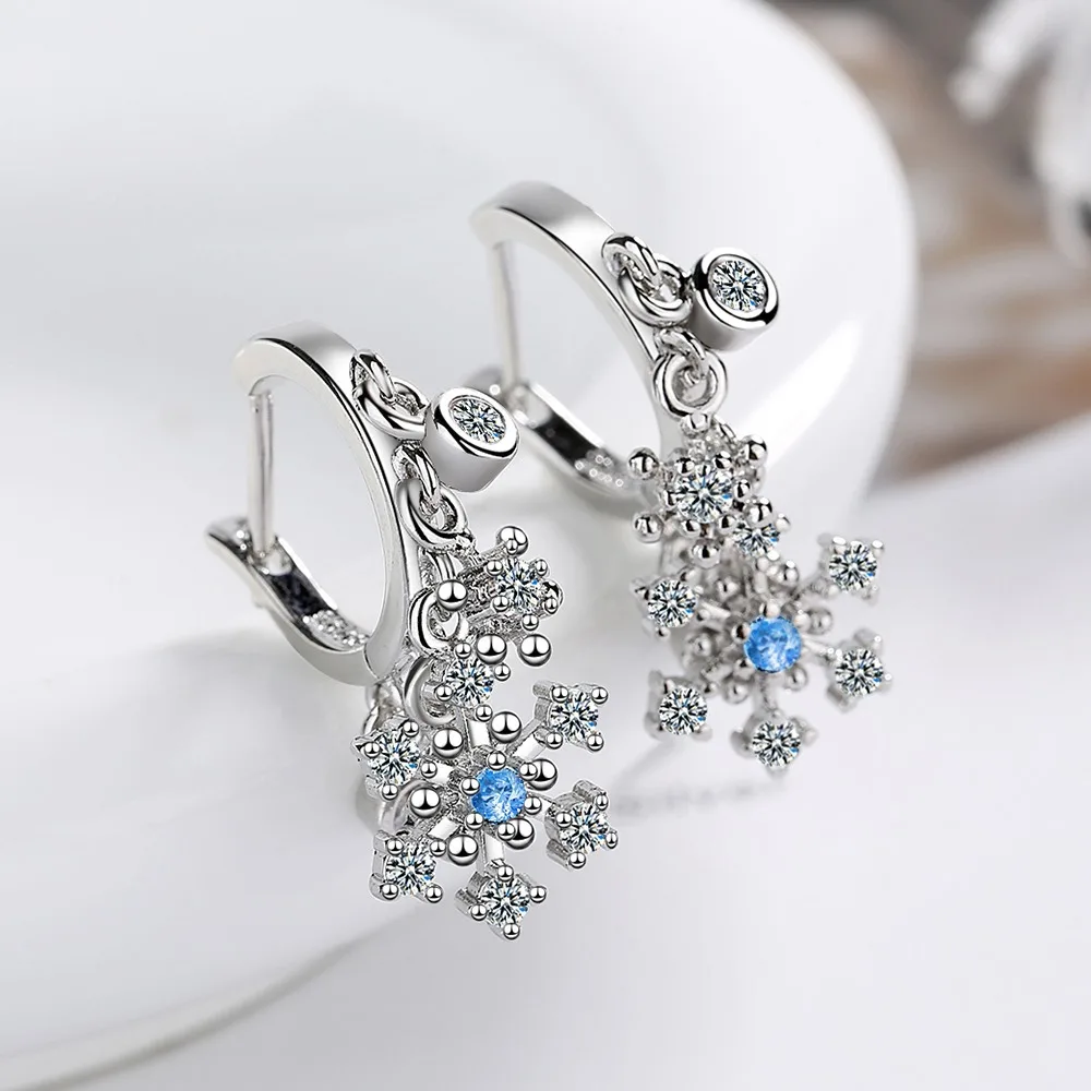 Real 925 Sterling Silver Jewelry New Original Fashion Crystal Snowflake Drop Earrings For Women FQL22176