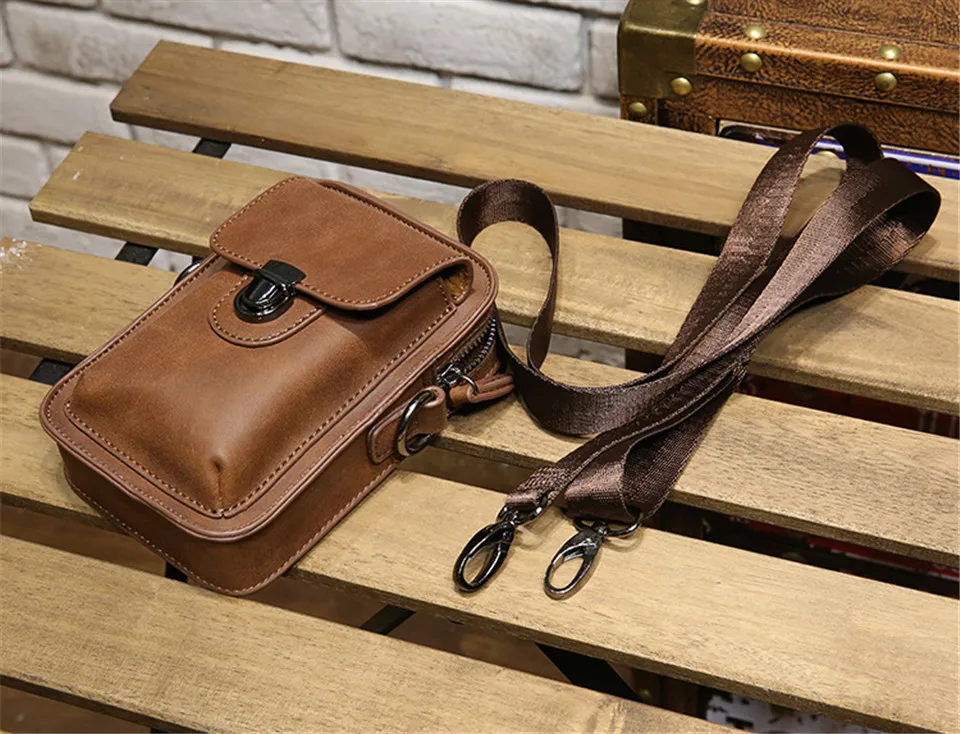 Brown Новинка, модная многофункциональная поясная сумка, мужская сумка из искусственной кожи с крючками, противоугонная сумка, сумка на плечо, кошелек, карманные сумки для мобильного телефона - Color: Brown
