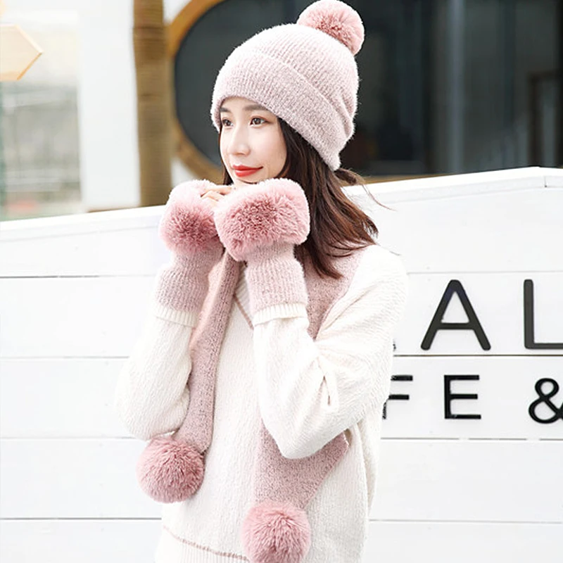 Hats Scarves Gloves Three Sets Of Women Hat Beautiful Girls Warm Knitting Spring Autumn and Winter Skullies Beanies Cap - Цвет: D