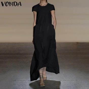 

Plus Size Summer Dress 2020 VONDA Women'Sundress Sexy O Neck Pockets Short Sleeve Vintage Maxi Long Dresses Bohemian Vestidos