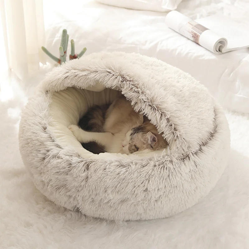 Cama de Invierno 2 en 1 para gato, cama de peluche para perro, cueva de rosquilla, saco de dormir cálido, sofá, cojín, nido para cachorros pequeños y gatitos