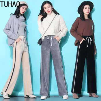 

TUHAO 2019 Corduroy wide-leg pants autumn and winter corduroy drooping straight pants calf thick pants high waist drape WM91