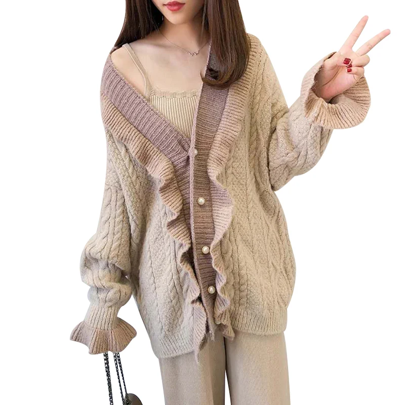 GALCAUR элегантный лоскутный свитер с оборками для женщин с v-образным вырезом и расклешенными рукавами кардиганы свободные свитера женские
