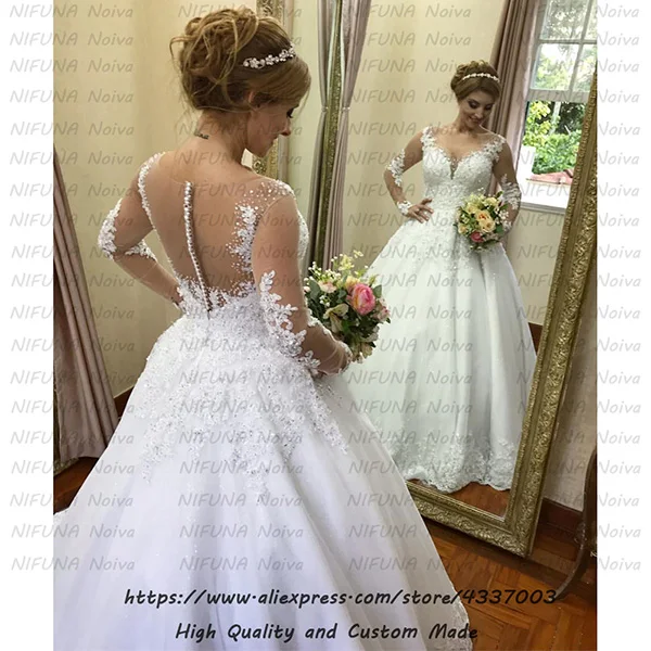 White Color Skin Net Vestido De Casamento бальное платье с длинными рукавами свадебное платье es Robe Mariage роскошное кружевное свадебное платье в стиле бохо платье невесты - Цвет: White Color Skin Net