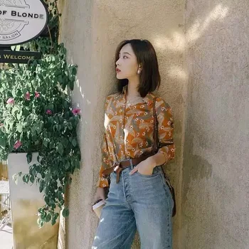

Women Shirt 2019 Early Autumn New Pastoral Holiday Style Retro Literary Comfort Floral Feather Print Shirt