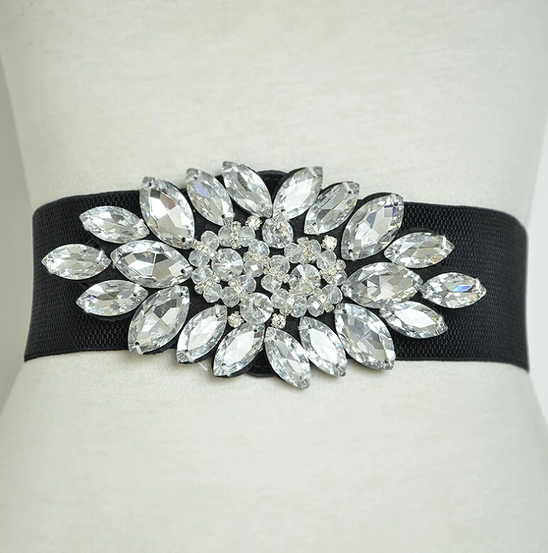 Women's Runway Fashion Diamonds Beaded Elastic Cummerbunds Female Dress