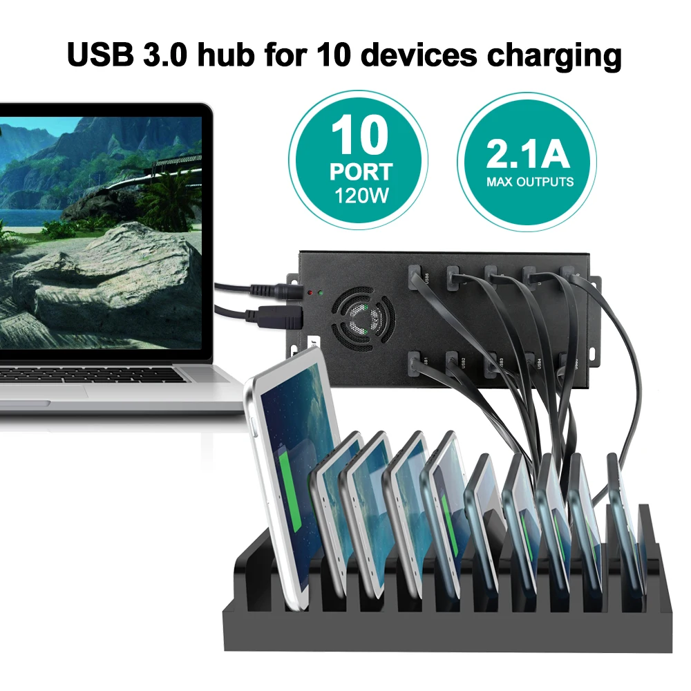 Sipolar 120W powered hub usb 3.0 10 ports charger hub 5Gbps supper speed with power adapter for iphone ipad tablets phone repair 3