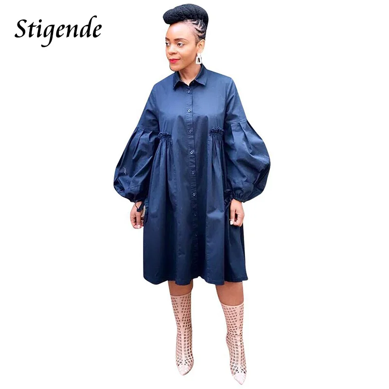 

Stigende Casual Loose T Shirt Dresses Women Elegant Lantern Long Sleeve Mini Dress Autumn Turn Down Collar Front Button Dress