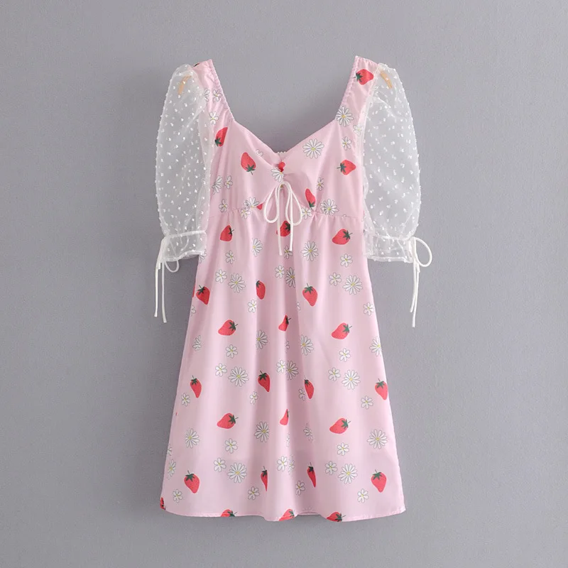 

2019 Europe And America New Style Summer Fashion Sweet Strawberry Printed Gauze Joint Pattern Decoration Short Dress Women's