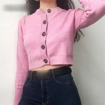 

Fashion 2019 Casual Women Solid Hollow Out Sweater Single-Breasted Knitted Cardigan Harajuku O-Neck Long Sleeve Crop Sweater