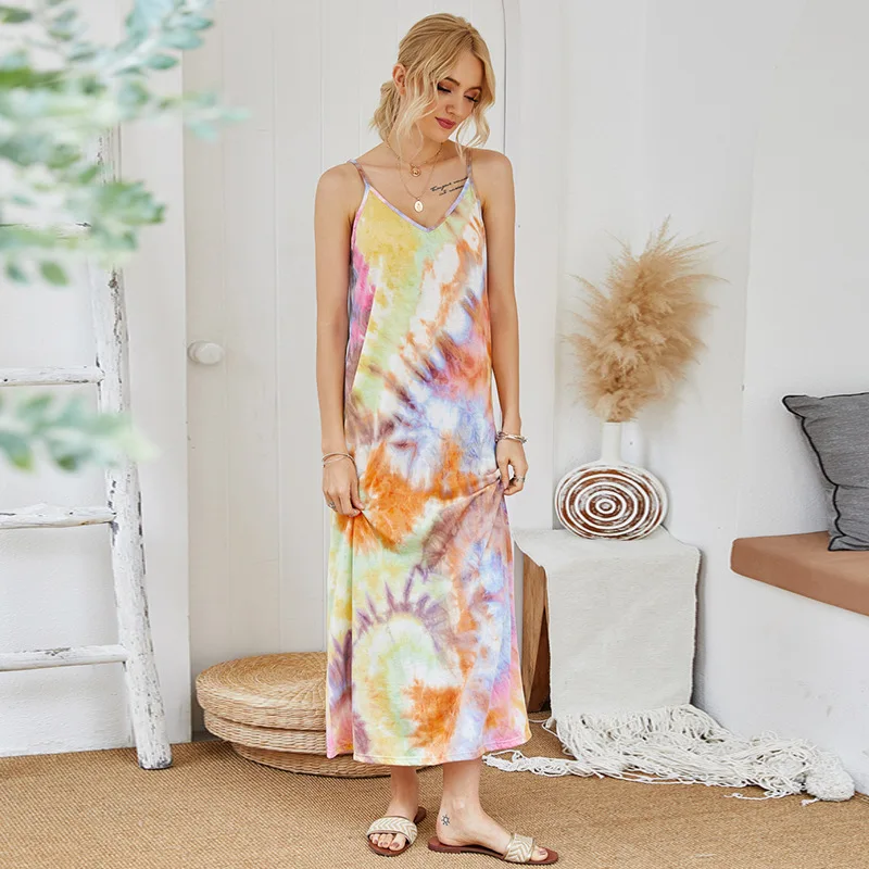 

New Tie-dyed Dress Elegant A Line V Neck Spaghetti Stap Print Maxi Dress Summer 2020 Casual Cotton Dresses Jurkjes Zomer Vestido