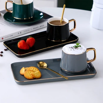 

Nordic Coffee Cups and Rectangle Saucer Set Exquisite Gold Rim Black Tea cup Breakfast Milk Cup Afternoon Tea Snack Plates 220ml