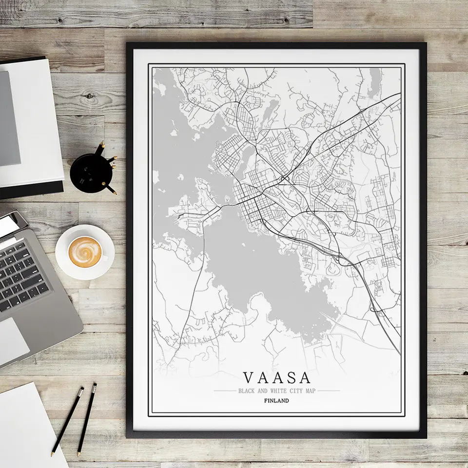Финская черно-белая карта мира, плакат, Скандинавская гостиная, Helsinki Turku Vaasa, настенные художественные картины, домашний декор, холст, живопись