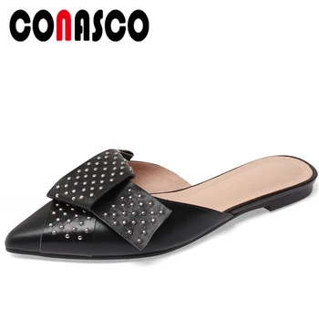 

CONASCO Women Sandals Concise Fashion Casual Rivets Slippers Genuine Leather Women Flats Comfortable Flat With Shoes Woman Mules