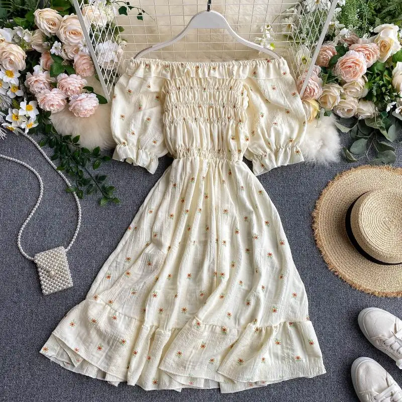 SINGRAIN Women Ruched Ruffle Dress Korean Puff Sleeve Slash Neck A Line Dress Summer Vacation Casual Print Floral Dress 2020