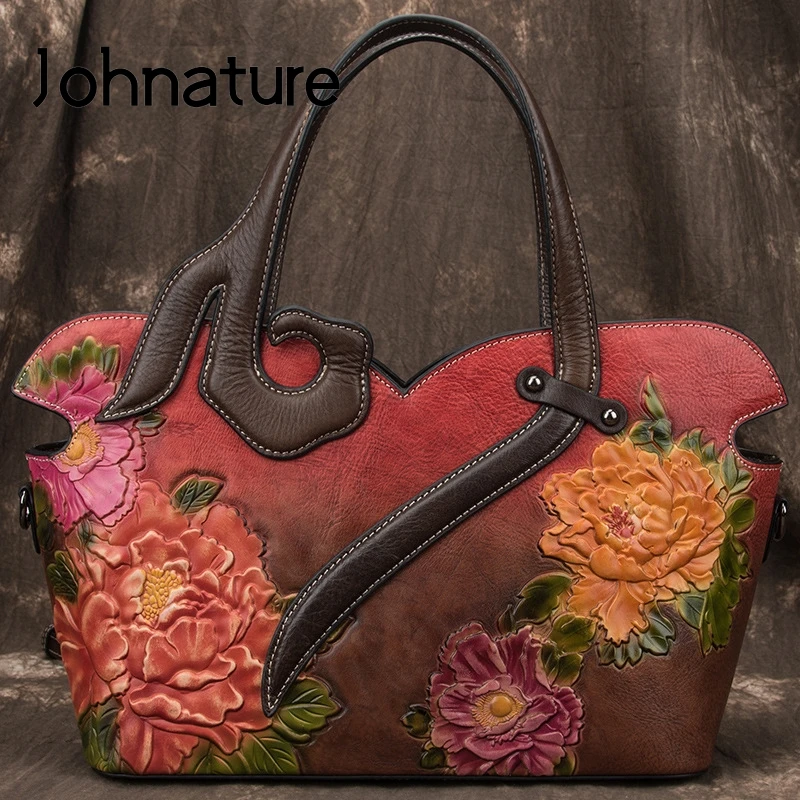 Johnature Handmade Embossing Retro Luxury Handbags Women Bags Designer 2021 New Genuine Leather Shoulder & Crossbody Bags