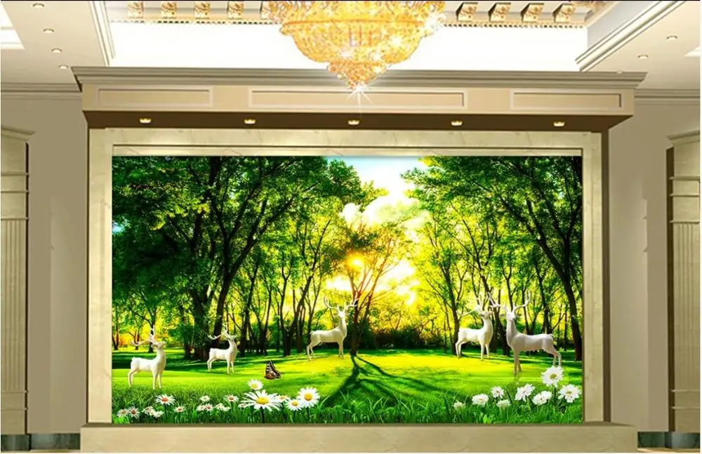 

Custom photo wallpaper 3d mural wallpaper for walls 3 d Idyllic forest trees natural scenery background deer background wall