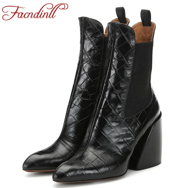 Tanie FACNDINLL moda kobiety botki jesień zima ciepłe buty wysoka qulaity sexy wysokie obcasy buty kobieca sukienka party buty marki