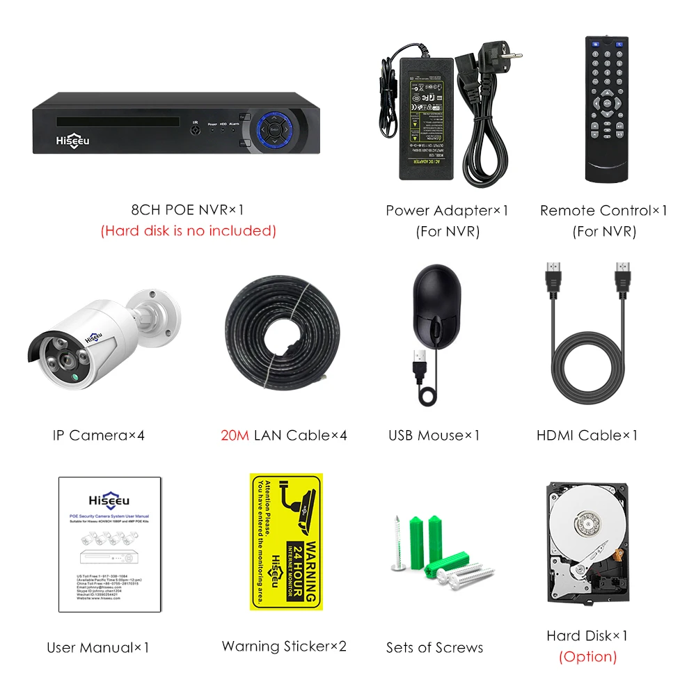 4MP 1080P 8CH POE NVR CCTV Sesurity Камера POE Системы открытый Водонепроницаемый комплект 48V жесткий диск на 1 ТБ ONVIF Hiseeu