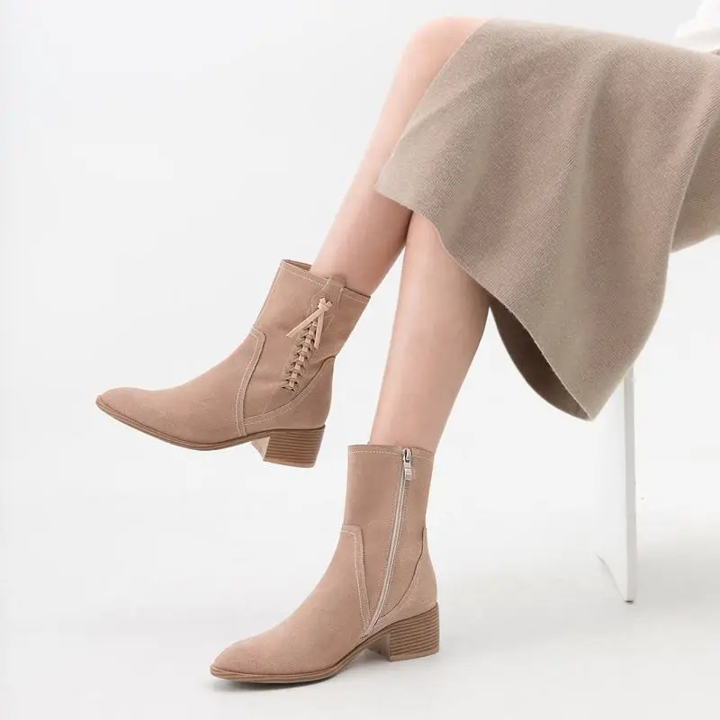 ALLBITEFO brand high heels genuine leather ankle boots for women thick heel winter/autumn leather boots women boots size:34-42